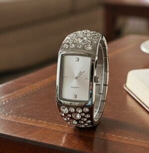 Chico's Women's Silver Tone Rhinestone Cuff Watch Quartz Hinged Bracelet Bangle